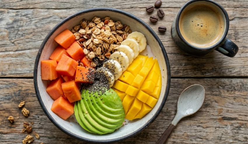 conscious breakfast options with fresh tropical fruits and organic ingredients at Hostal Vistaguila Salento Colombia